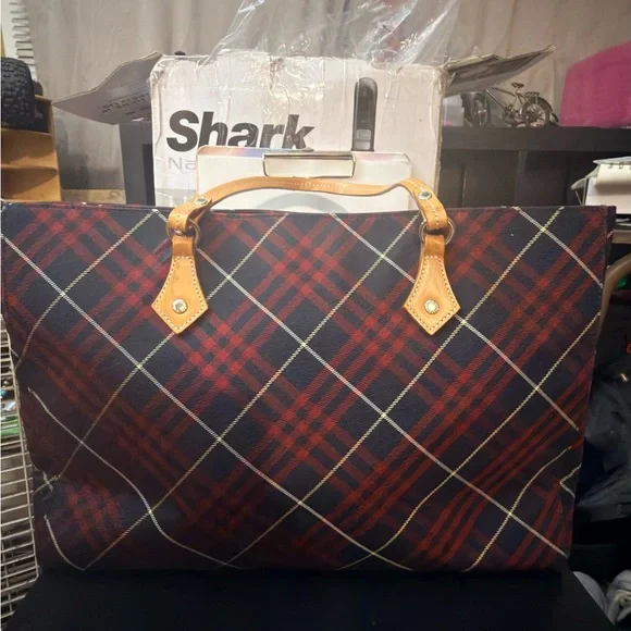 Burberry Red and Navy Plaid with Tan Leather Detail - Picture 2 of 8